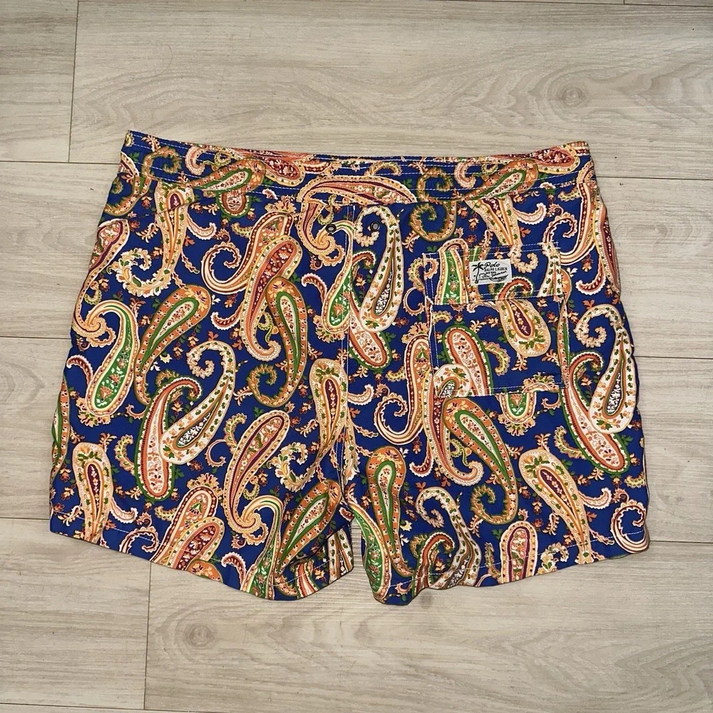 Polo‎ Ralph Lauren Swim Shorts Mens LARGE Orange paisley pull on lined Beach